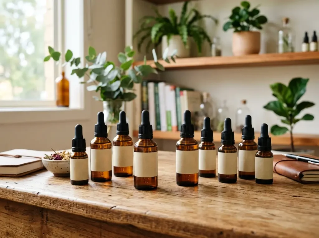 Amber glass dropper bottles of Australian Bush Flower Essences on a natural wooden consultation desk