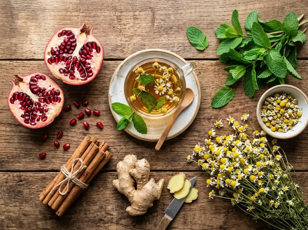 Flat lay of holistic wellness elements including fresh mint, pomegranate, ginger root, cinnamon, chamomile, and herbal tea infusion.