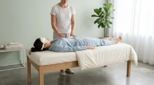 Practitioner performing gentle non-invasive hand placements during a peaceful Reiki session for stress relief.