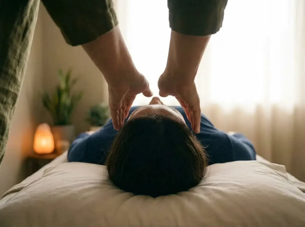 Practitioner performing gentle non-invasive hand placements during a peaceful Reiki session for stress relief.