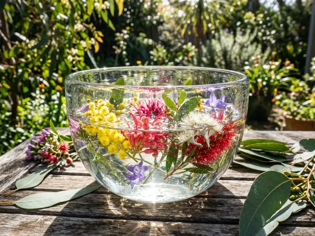 Clear glass bowl of native flowering blossoms in pure water under natural sunlight, representing the traditional solar method.