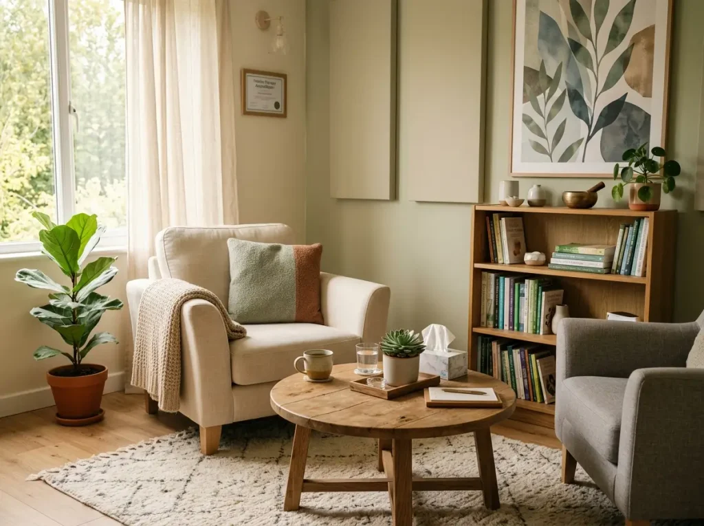 Tranquil Reiki session treatment room with comfortable couch, soft linens, and relaxing ambient lighting at Antonios Holistic Therapies in Ilkeston.