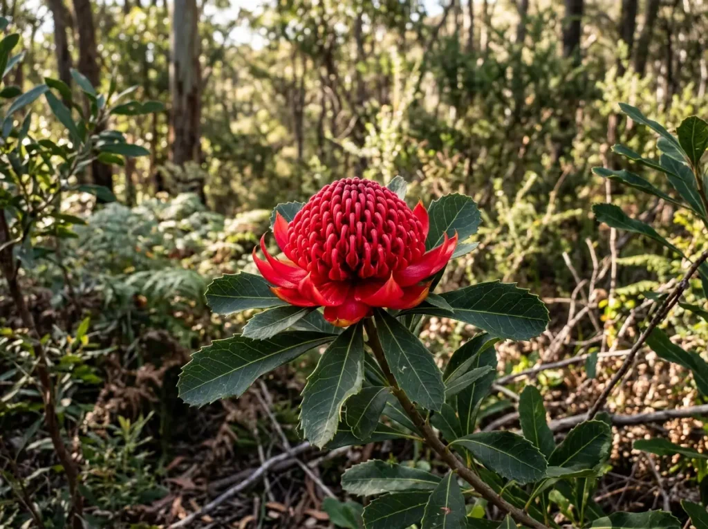 Vibrant red Waratah bloom growing in the native Australian bush