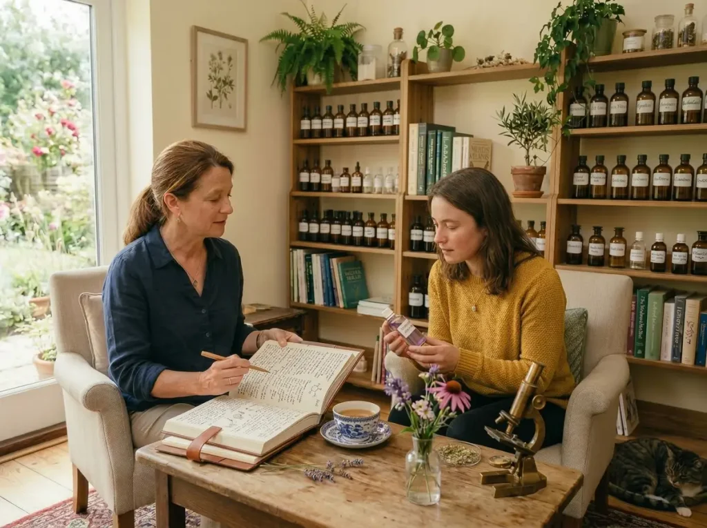 Holistic homeopath conducting a detailed consultation in a warm, welcoming clinic setting. principals of classical homeopathy