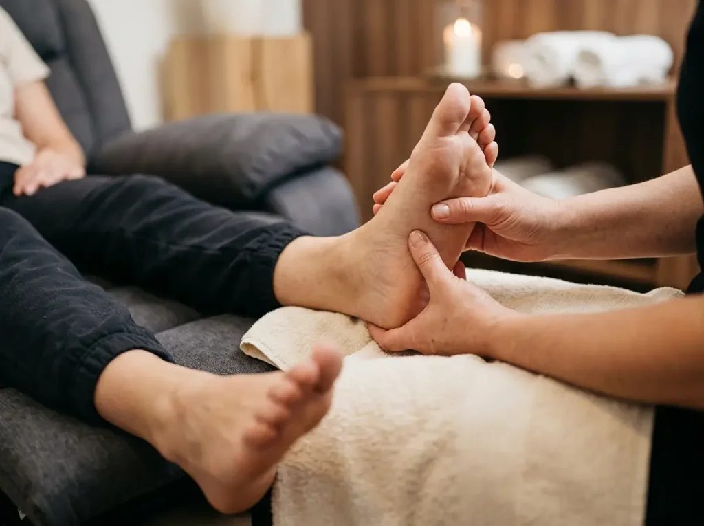 Client relaxing during a professional foot detox session at Antonio's Holistic Therapies in Ilkeston